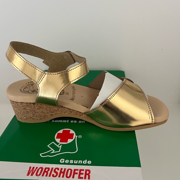 Worishofer NWT sandals style 711 size 7 1/2 EU/38. 
Gold leather upper. - Picture 4 of 7